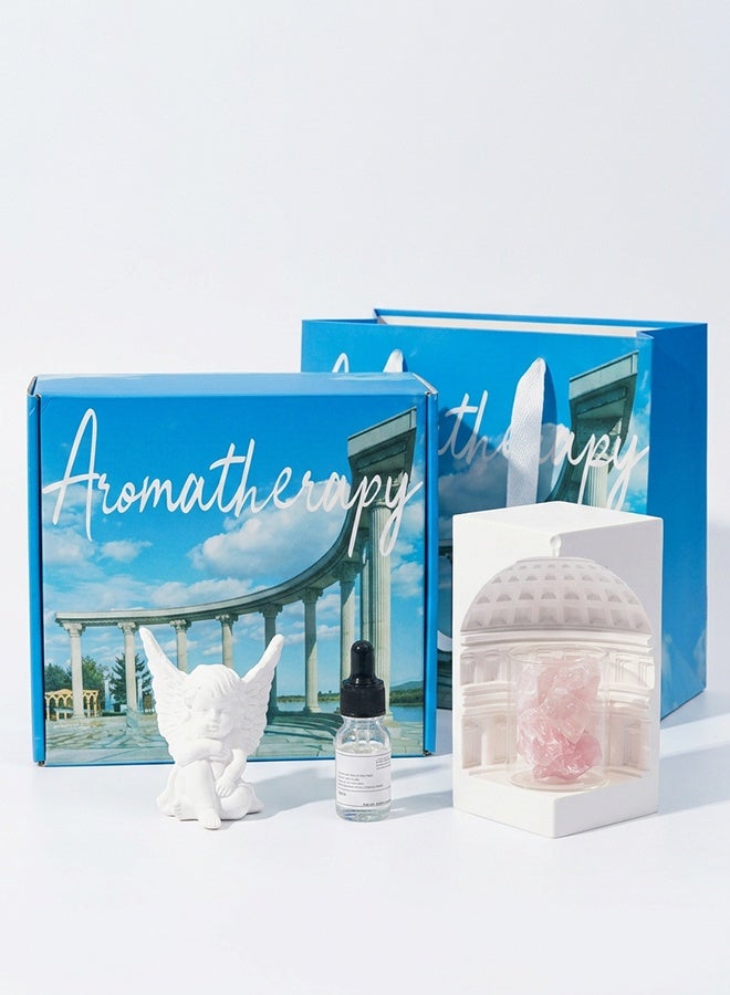 Peach Oolong Crystal Aromatherapy Diffuser Set, Pink Crystal Stone Gypsum Dome Home Fragrance Kit with Angel Figurine & Essential Oil, Decorative Room Scent Gift Set for Bedroom & Living Room - Image 1