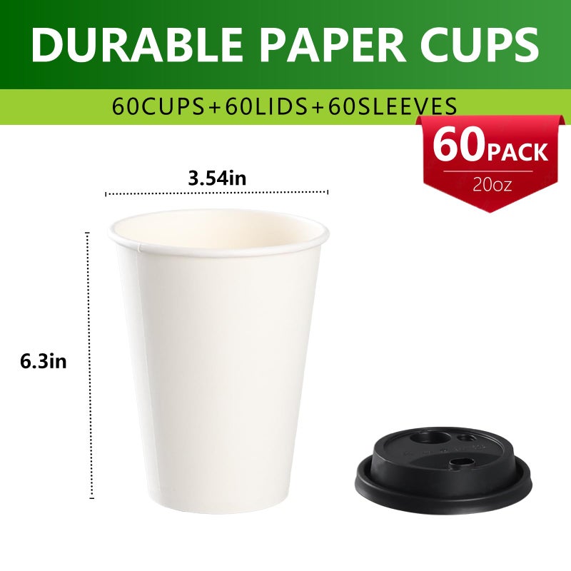 NutriBox 60 Pack 20oz Extra Thick Disposable Coffee Cups with Lids & Sleeves - Sturdy and Insulated To Go Paper Cups for Hot/Cold Drinks Chocolate Tea - Perfect for Office Travel Party Supplies & Coffee Bars - Image 2
