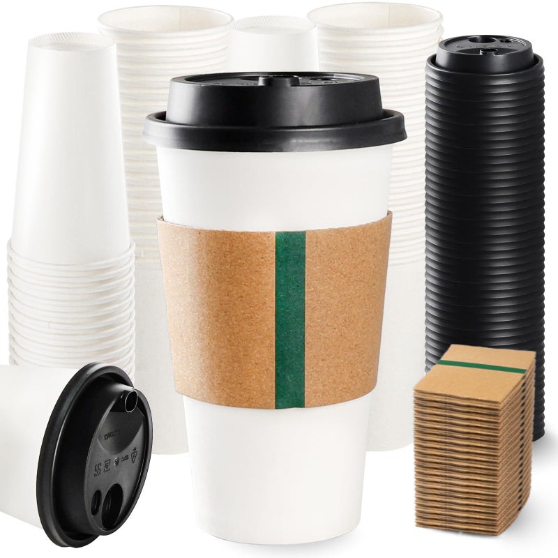 NutriBox 60 Pack 20oz Extra Thick Disposable Coffee Cups with Lids & Sleeves - Sturdy and Insulated To Go Paper Cups for Hot/Cold Drinks Chocolate Tea - Perfect for Office Travel Party Supplies & Coffee Bars - Image 1