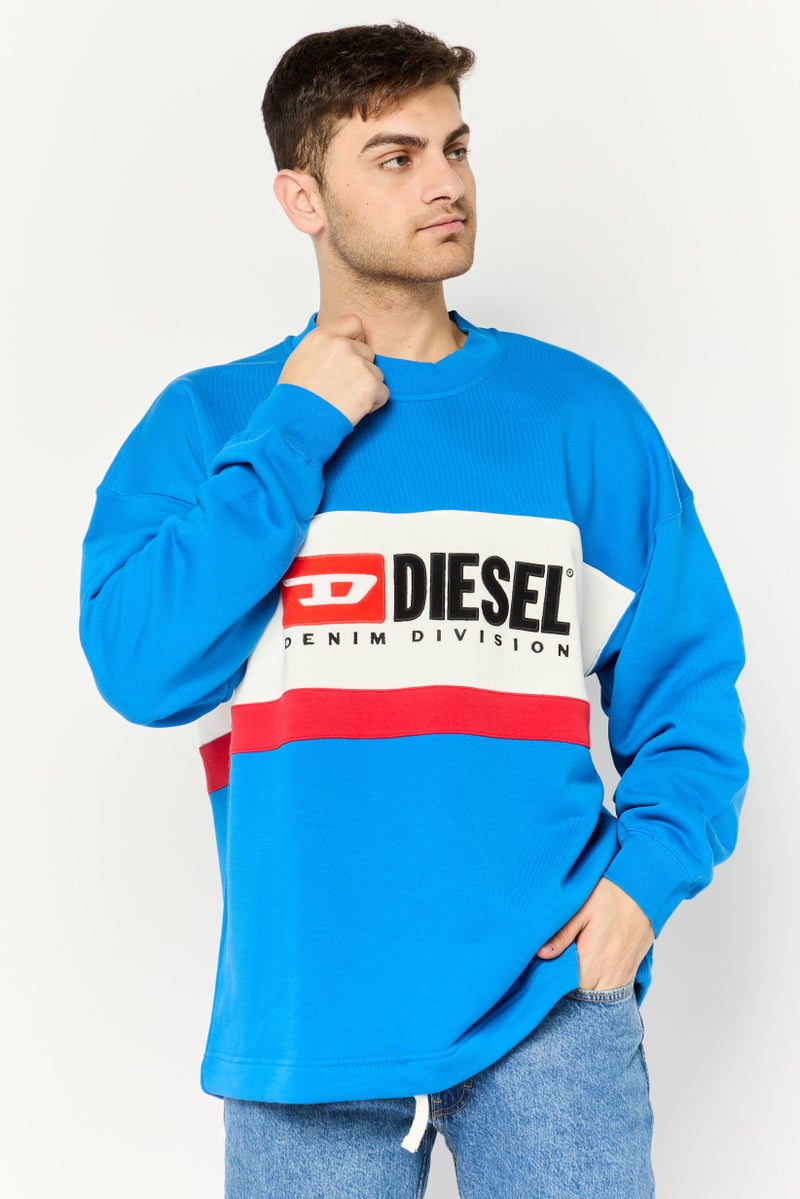 DIESEL سويت شيرت رجالي بأكمام طويلة وياقة دائرية مع شعار مطرز، مجموعة ألوان زرقاء - Image 1