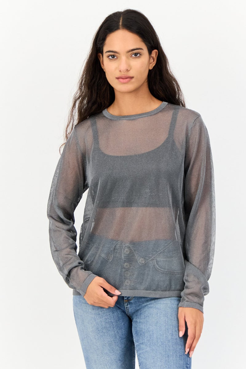 Mohito Women Crew Neck Long Sleeves Mesh Top, Dark Grey - Image 1