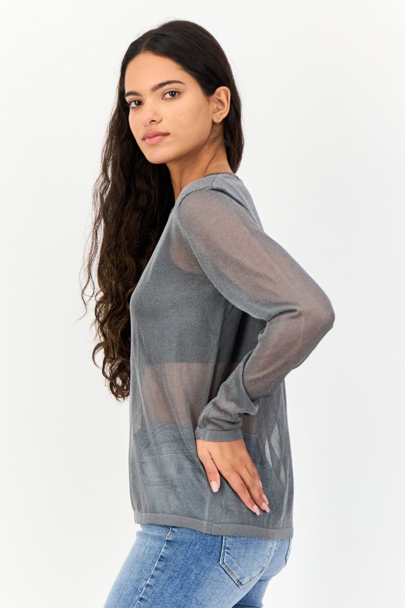 Mohito Women Crew Neck Long Sleeves Mesh Top, Dark Grey - Image 3