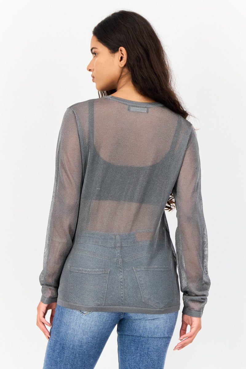 Mohito Women Crew Neck Long Sleeves Mesh Top, Dark Grey - Image 4