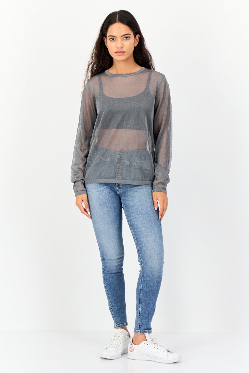 Mohito Women Crew Neck Long Sleeves Mesh Top, Dark Grey - Image 2
