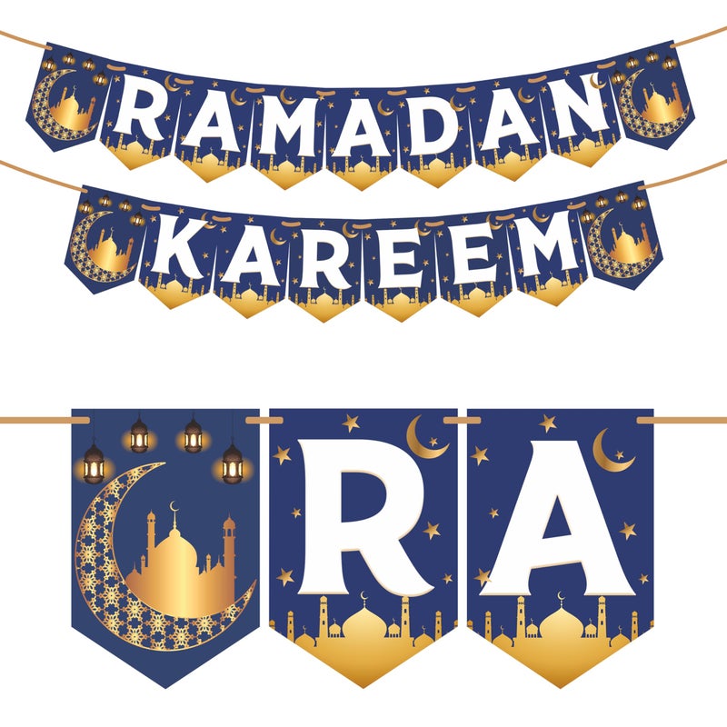 WOBBOX WOBBOX Ramadan Kareem Blue, White & Golden Color Bunting Banner, Ramadan Decoration Items, Eid Mubarak Decorations  - Image 1