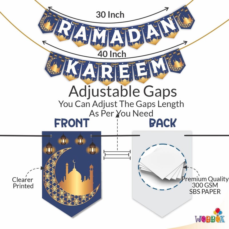 WOBBOX Ramadan Kareem Blue, White & Golden Color Bunting Banner, Ramadan Decoration Items, Eid Mubarak Decorations - Image 3