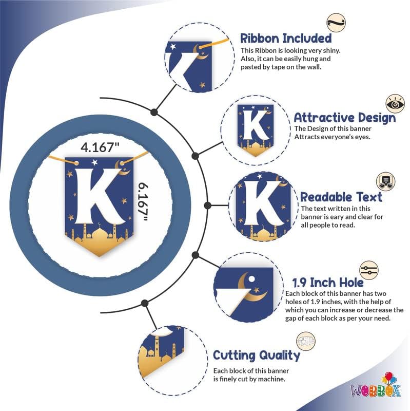 WOBBOX Ramadan Kareem Blue, White & Golden Color Bunting Banner, Ramadan Decoration Items, Eid Mubarak Decorations - Image 2