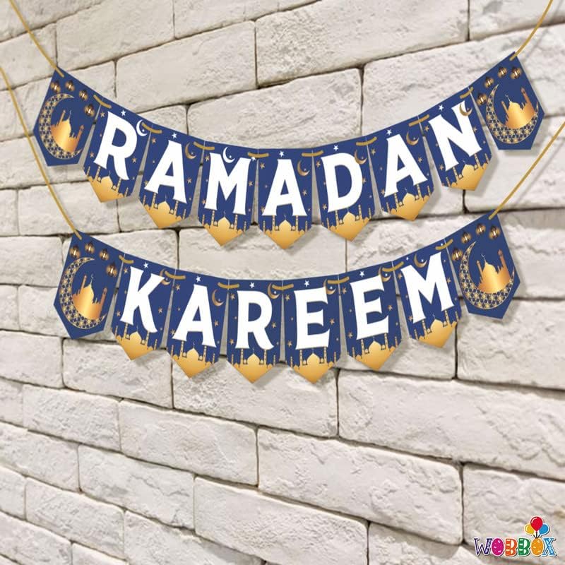 WOBBOX Ramadan Kareem Blue, White & Golden Color Bunting Banner, Ramadan Decoration Items, Eid Mubarak Decorations - Image 4