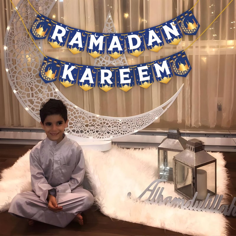 WOBBOX Ramadan Kareem Blue, White & Golden Color Bunting Banner, Ramadan Decoration Items, Eid Mubarak Decorations - Image 5