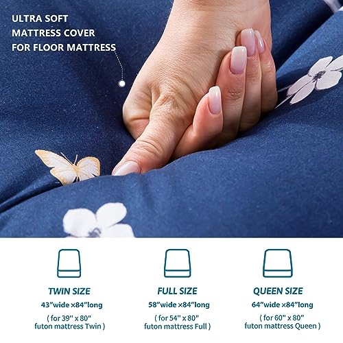 MAXYOYO Mattress Cover for Traditional Japanese Futon Mattress, Futon Floor Mats Cover with Zipper, Super Soft and Machine Washable, Navy Floral, Queen - Image 3