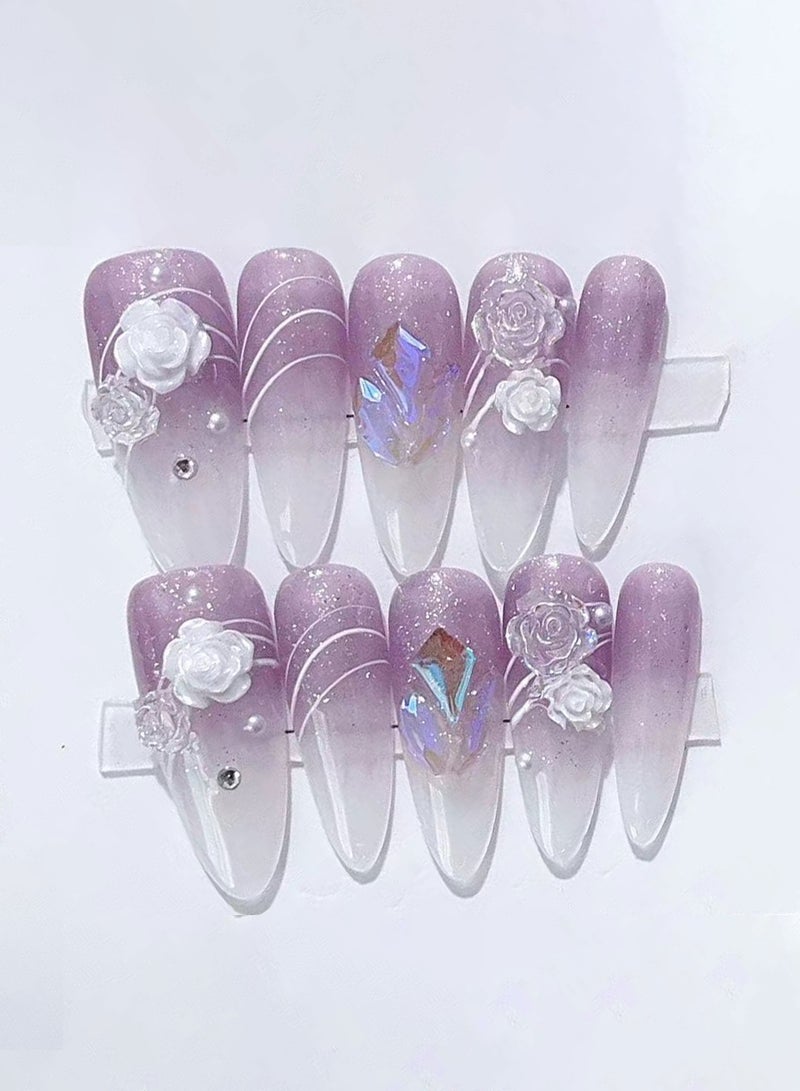 10 PCS Handmade False Nails, Fake Nails, Purple Violet White Gradient Camellia Diamond Glitter, Mid-length Press On Nails - Image 1