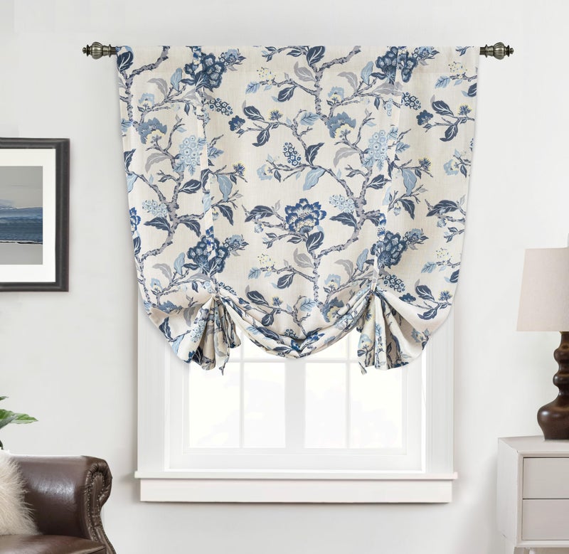 DriftAway Ada Floral Botanical Print Flower Leaf Lined Thermal Insulated Room Darkening Blackout Tie Up Window Curtains 2 Layers Each 45 Inch by 63 Inch Navy - Image 1