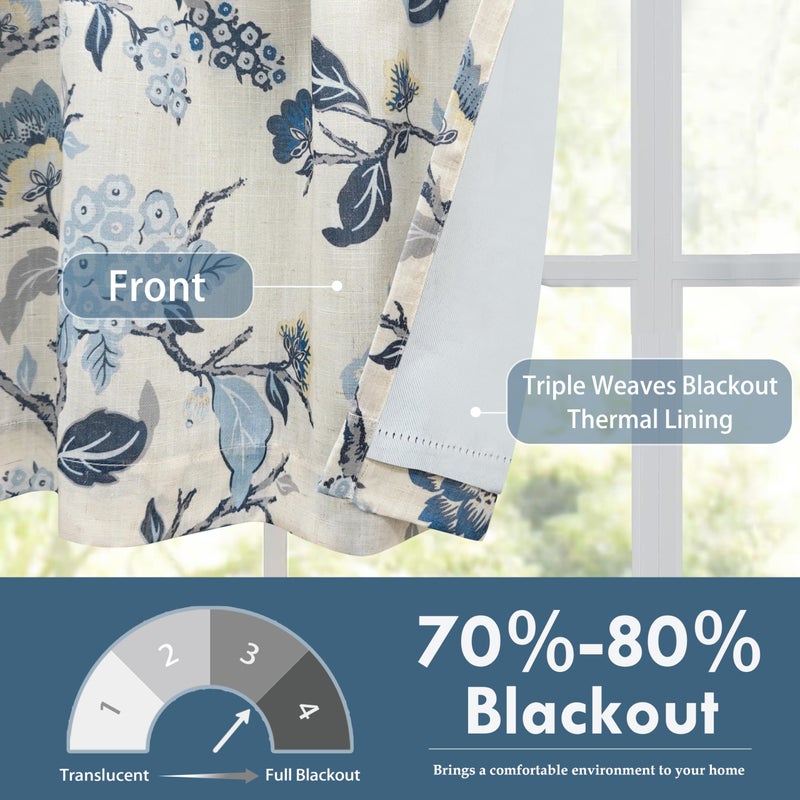 DriftAway Ada Floral Botanical Print Flower Leaf Lined Thermal Insulated Room Darkening Blackout Tie Up Window Curtains 2 Layers Each 45 Inch by 63 Inch Navy - Image 2
