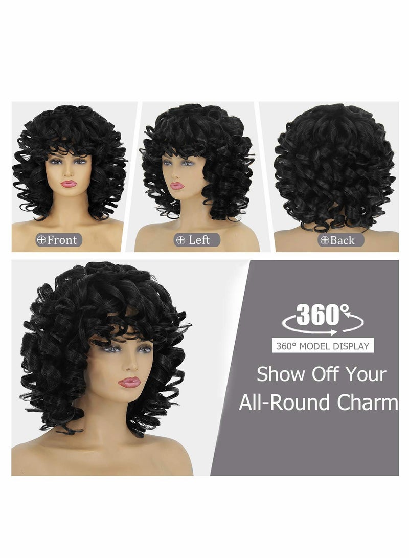 Excefore Short Curly Afro Wigs for Black Women 14'' Kinky Curly Wavy Black Wig with Bangs, Cute Fashion Natural Looking Synthetic Hair Replacement Wigs Heat Resistant for Daily Party - Image 2