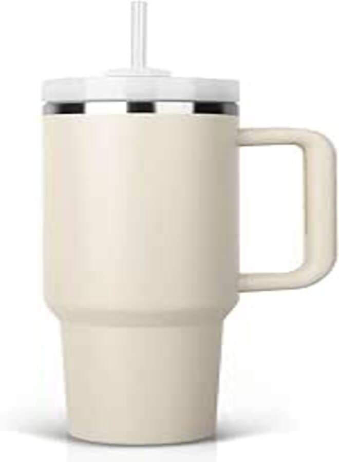 SOKT 304 Stainless Steel Tumbler with Handle and Straw Lid Insulated Reusable Water Bottle Travel Mug Iced Coffee Cup Travel Mug for Hot and Cold (Cream)