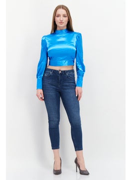 Miss Selfridge Women Mock Neck Long Sleeve Plain Blouse Top, Blue  - Image 3