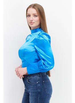 Miss Selfridge Women Mock Neck Long Sleeve Plain Blouse Top, Blue  - Image 2
