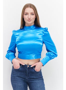 Miss Selfridge Women Mock Neck Long Sleeve Plain Blouse Top, Blue  - Image 1