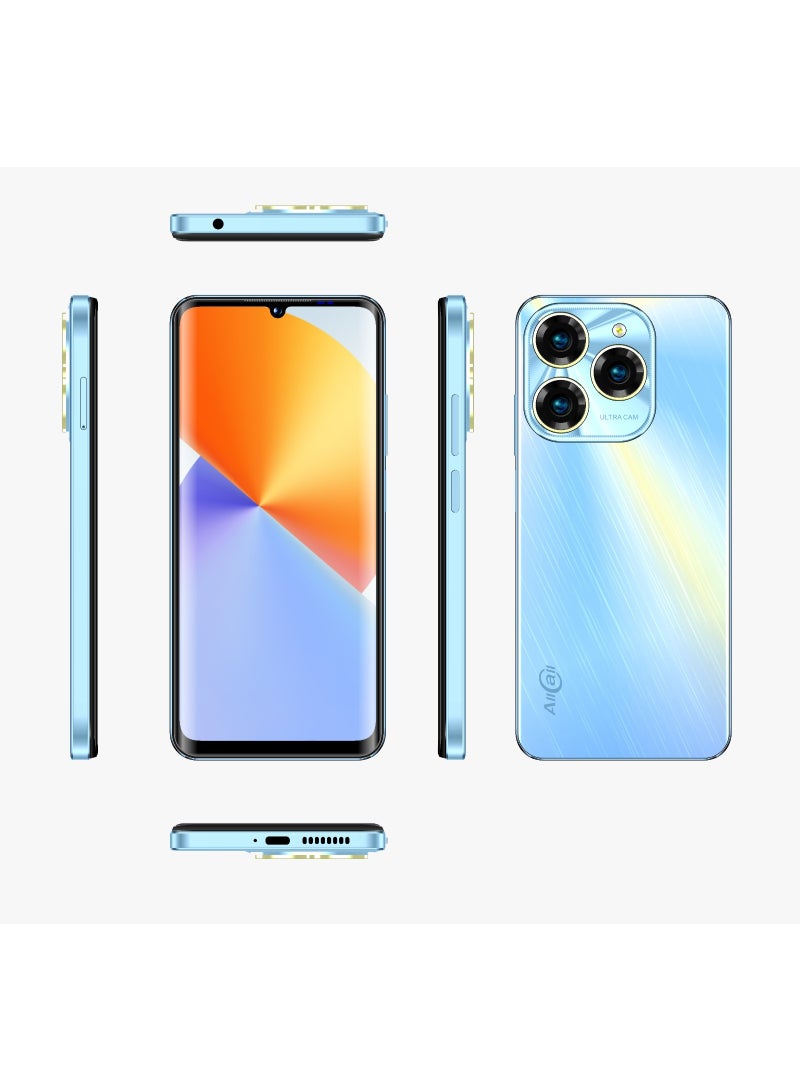 أول كول AllCall Magic 60، ذاكرة الوصول العشوائي: (4+8) 12 جيجابايت + ذاكرة القراءة فقط: 64 جيجابايت، شاشة 6.8 بوصة 720*1600 IPS HD+، بطارية 5160 مللي أمبير، أزرق متوهج