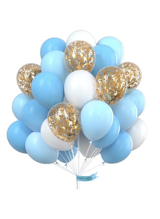 PartyWoo - Blue And White Balloons 70 Pcs 12 Inch Sky Blue Balloons Baby Blue Balloons White Balloons Gold Confetti Balloons Boy Baby Shower Decorations For Blue Baby Shower Boy Birthday Toddler Party - Image 1