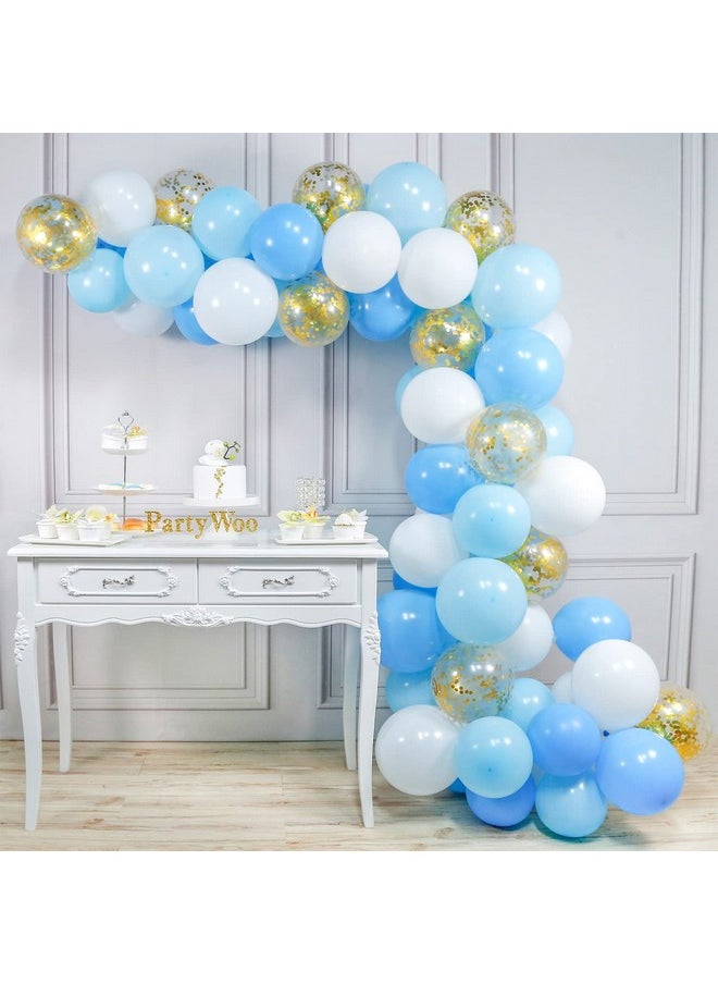 PartyWoo - Blue And White Balloons 70 Pcs 12 Inch Sky Blue Balloons Baby Blue Balloons White Balloons Gold Confetti Balloons Boy Baby Shower Decorations For Blue Baby Shower Boy Birthday Toddler Party - Image 1