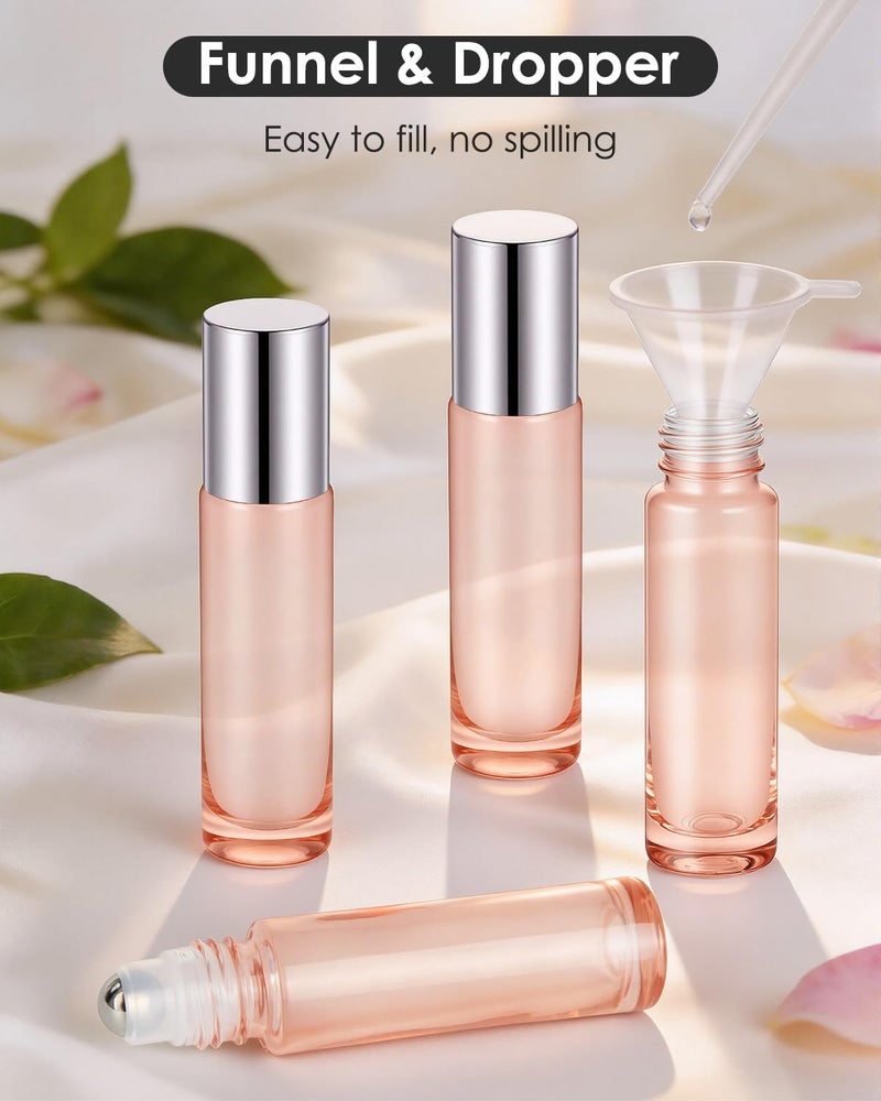 Worldgsb 4 Pack Essential Oil Roller Bottles, 10ml Refillable Glass Roller Bottles with Stainless Steel Roller Balls and Caps for Travel, Perfume and Lip Gloss Rose Gold - Image 3