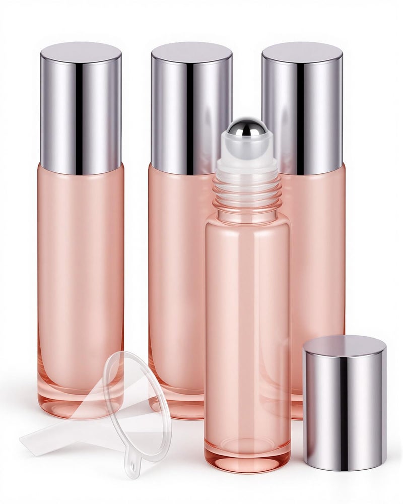 Worldgsb 4 Pack Essential Oil Roller Bottles, 10ml Refillable Glass Roller Bottles with Stainless Steel Roller Balls and Caps for Travel, Perfume and Lip Gloss Rose Gold - Image 1