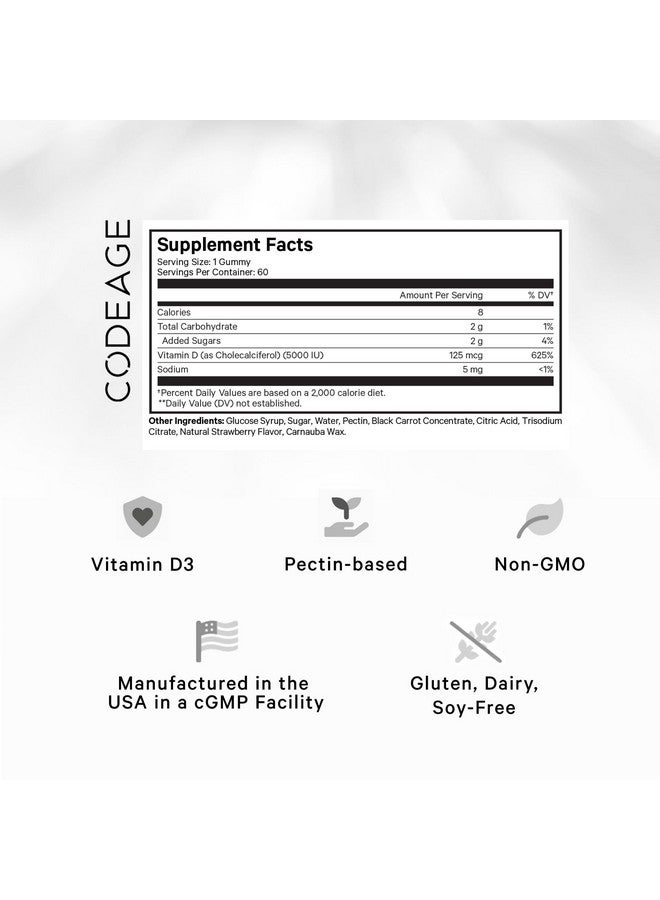 Codeage Vitamin D3 Gummy Vitamins, Vitamin D3 5000 IU Gummies Cholecalciferol 125 mcg - 2-Month Supply - Soft Pectin-Based, Animal Gelatin-Free Vitamins Gummy, Strawberry, Gluten-Free - 60 Gummies - Image 2