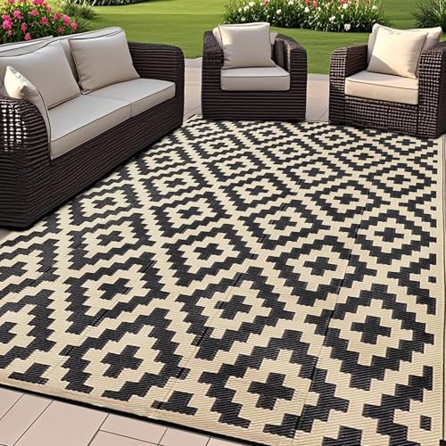 SAND MINE Reversible Mats Plastic Straw Rug Modern Area Rug Large Floor Mat and Rug for Outdoors RV Patio Backyard Deck Picnic Beach Trailer Camping Black Beige 6 x 9