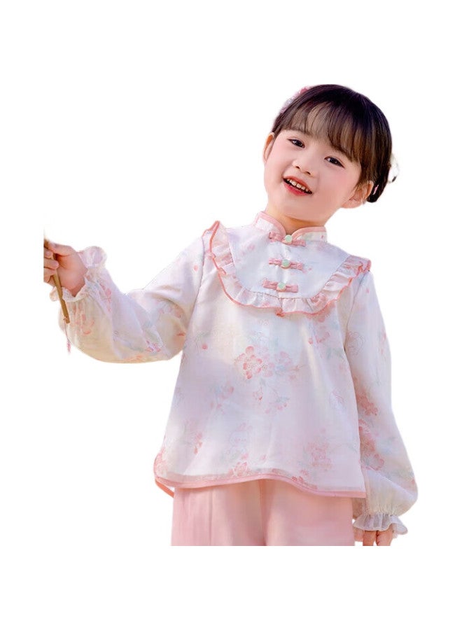 Cute Jinxin Spring And Autumn Girls' Chinese-Style Tang Dynasty Costume Pants Set, Oriental Minimalist Luxury Style, Pink (Without Pendant), 120 - Image 1