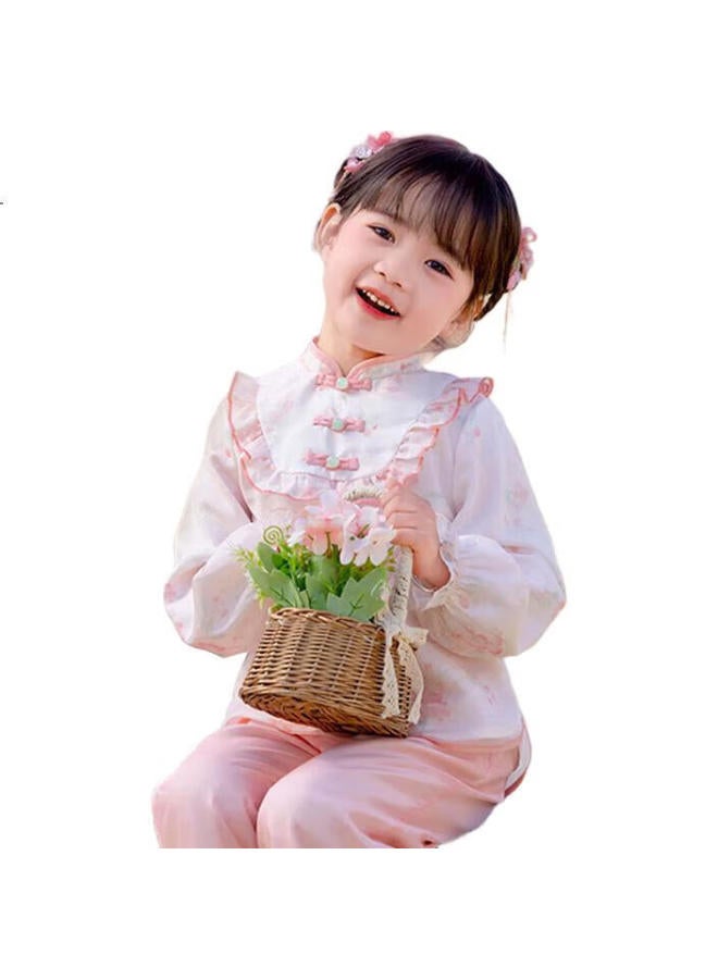 Cute Jinxin Spring And Autumn Girls' Chinese-Style Tang Dynasty Costume Pants Set, Oriental Minimalist Luxury Style, Pink (Without Pendant), 120 - Image 3