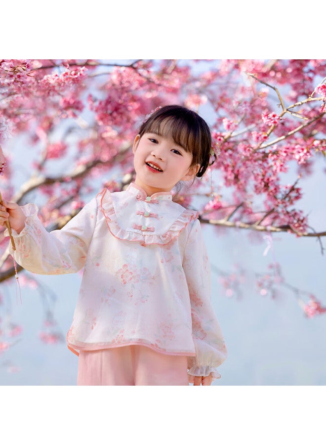 Cute Menghu Jinxin Spring And Autumn Girls' Chinese-style Tang Dynasty Costume Pants Set, Oriental Minimalist Luxury Style, Pink , 120 - Image 3