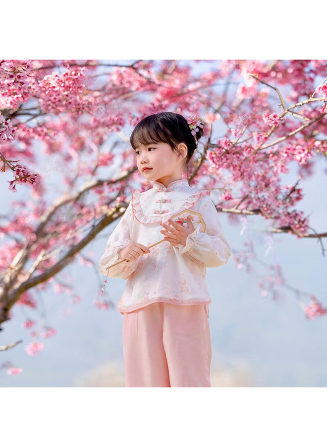 Cute Menghu Jinxin Spring And Autumn Girls' Chinese-style Tang Dynasty Costume Pants Set, Oriental Minimalist Luxury Style, Pink , 120 - Image 2