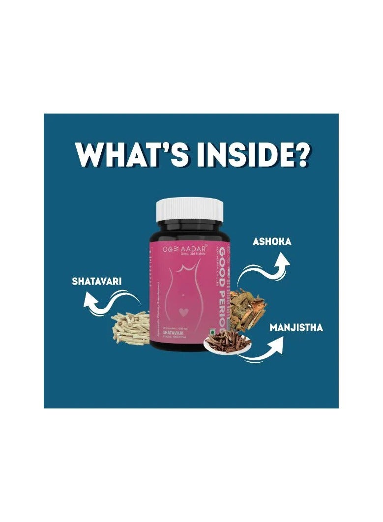 AADAR GOOD PERIOD | Ayurvedic support for period cramps relief, PCOD & PCOS, period pain | 60 Capsules (Pack of 1) - Image 2