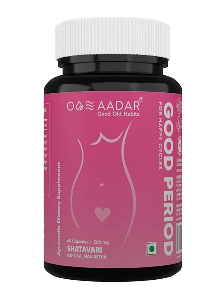 AADAR GOOD PERIOD | Ayurvedic support for period cramps relief, PCOD & PCOS, period pain | 60 Capsules (Pack of 1) - Image 1