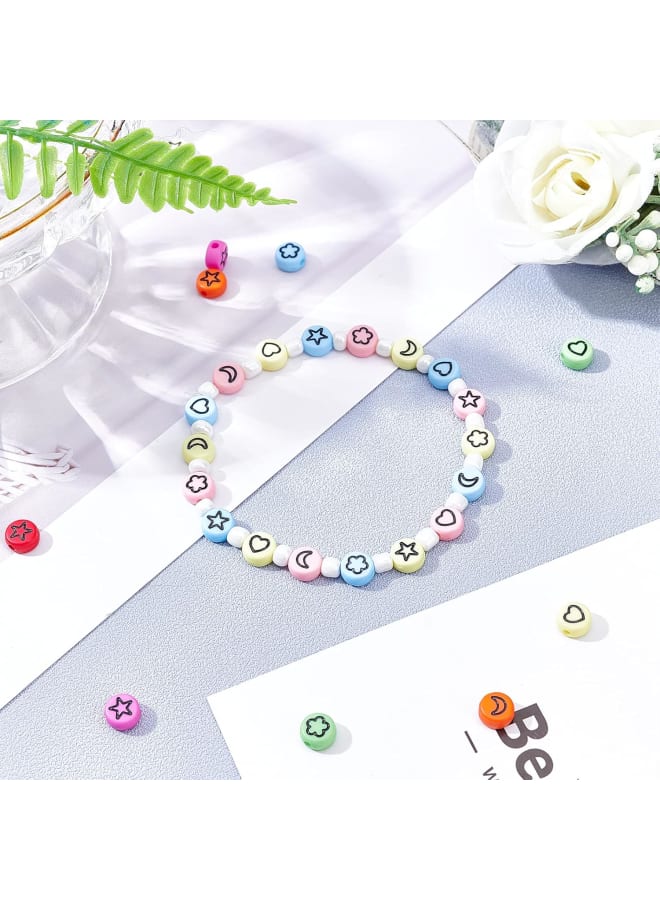 1600Pcs 8 Colors Opaque Acrylic Beads with Black Moon& Heart& Star& Flower Mixed Pattern Beads for Jewelry Making and DIY Bracelets, 7x4mm - Image 2