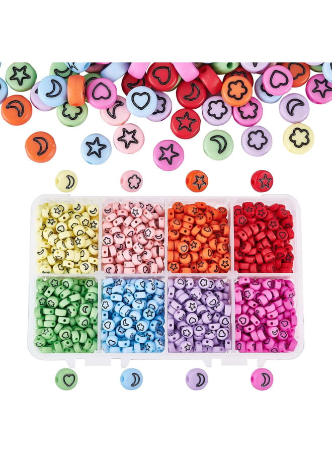1600Pcs 8 Colors Opaque Acrylic Beads with Black Moon& Heart& Star& Flower Mixed Pattern Beads for Jewelry Making and DIY Bracelets, 7x4mm - Image 1