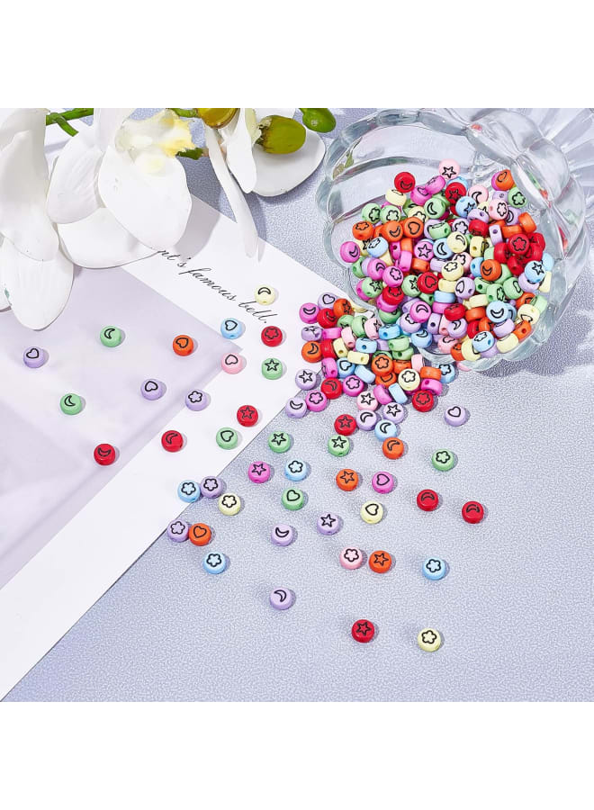 1600Pcs 8 Colors Opaque Acrylic Beads with Black Moon& Heart& Star& Flower Mixed Pattern Beads for Jewelry Making and DIY Bracelets, 7x4mm - Image 3