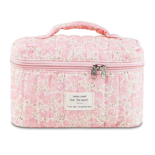 GISMTR Makeup Bag Floral Quilted Cosmetic Bag Large Travel Aesthetic Make up Bag Cute Coquette Toiletry Bag for Women Girls - Image 1