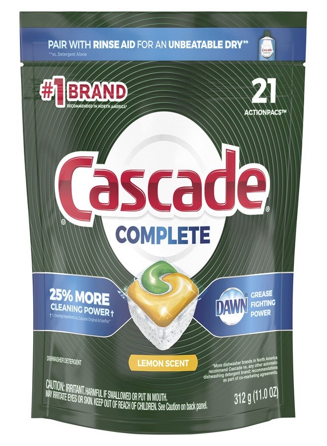 Cascade Complete ActionPacs, Dishwasher Detergent Pods, Lemon, 21 Count