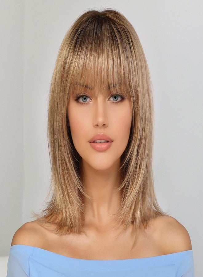 KKU 12 Inch Ombre Ash Blonde Wigs Human Hair for Women, Remy Human Hair Wigs, Human Hair Wigs with Bangs - Image 1