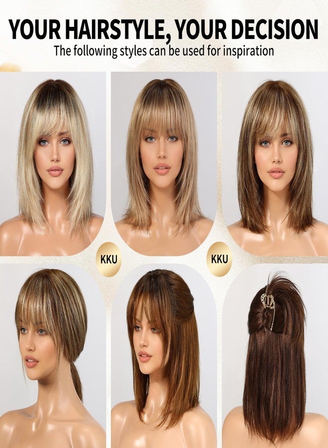 KKU 12 Inch Ombre Ash Blonde Wigs Human Hair for Women, Remy Human Hair Wigs, Human Hair Wigs with Bangs - Image 2
