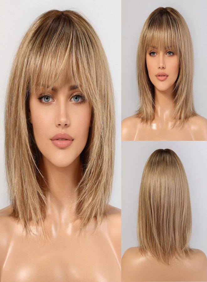 KKU 12 Inch Ombre Ash Blonde Wigs Human Hair for Women, Remy Human Hair Wigs, Human Hair Wigs with Bangs - Image 3