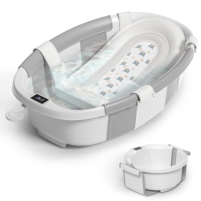 Himold Collapsible Baby Bathtub for Newborn to Toddler 0-36 Months, Spacious Foldable Infant Bath Tub with Thermometer, Cushion & Drain Hole, Portable Travel Tub Grey - Image 1