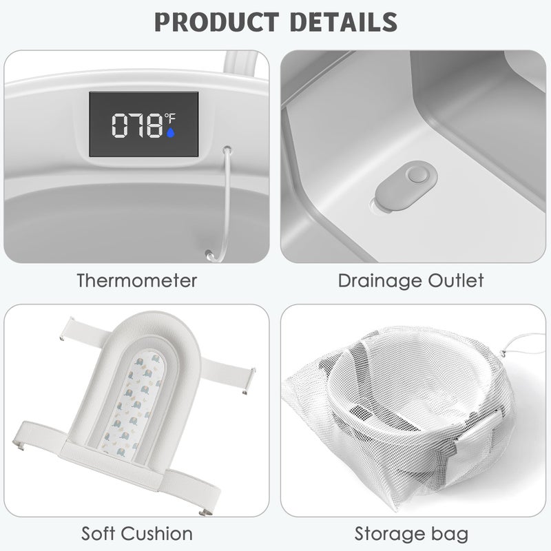 Himold Collapsible Baby Bathtub for Newborn to Toddler 0-36 Months, Spacious Foldable Infant Bath Tub with Thermometer, Cushion & Drain Hole, Portable Travel Tub Grey - Image 4