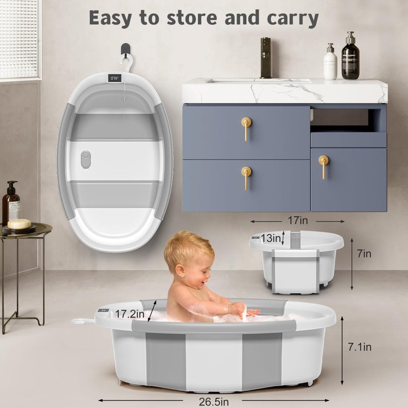 Himold Collapsible Baby Bathtub for Newborn to Toddler 0-36 Months, Spacious Foldable Infant Bath Tub with Thermometer, Cushion & Drain Hole, Portable Travel Tub Grey - Image 3