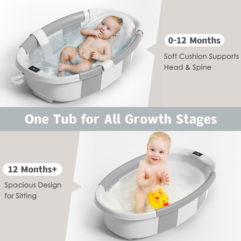 Himold Collapsible Baby Bathtub for Newborn to Toddler 0-36 Months, Spacious Foldable Infant Bath Tub with Thermometer, Cushion & Drain Hole, Portable Travel Tub Grey - Image 2