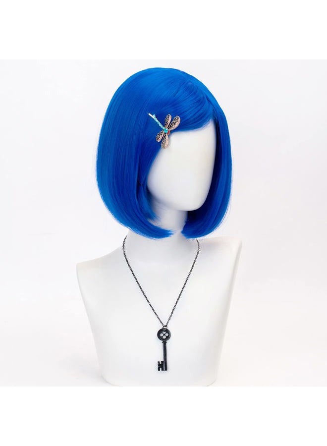 TSNOMORE Blue Bob Cosplay Wig for Women Short Straight Synthetic Wig with Key Necklace and Dragonfly Hairclip, Halloween Costume Party Cosplay Wig for Aldult (A-Light blue) - Image 2
