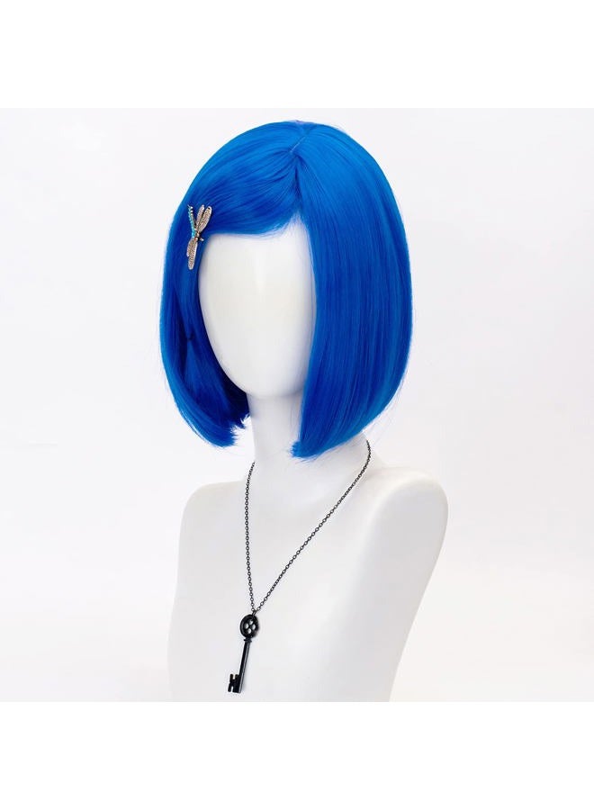 TSNOMORE Blue Bob Cosplay Wig for Women Short Straight Synthetic Wig with Key Necklace and Dragonfly Hairclip, Halloween Costume Party Cosplay Wig for Aldult (A-Light blue) - Image 4