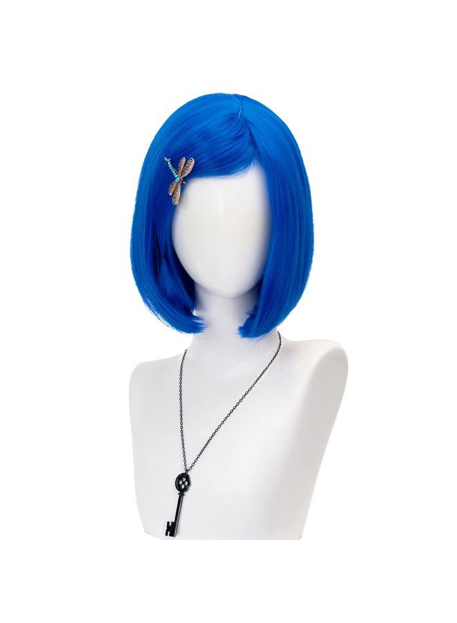 TSNOMORE Blue Bob Cosplay Wig for Women Short Straight Synthetic Wig with Key Necklace and Dragonfly Hairclip, Halloween Costume Party Cosplay Wig for Aldult (A-Light blue) - Image 1